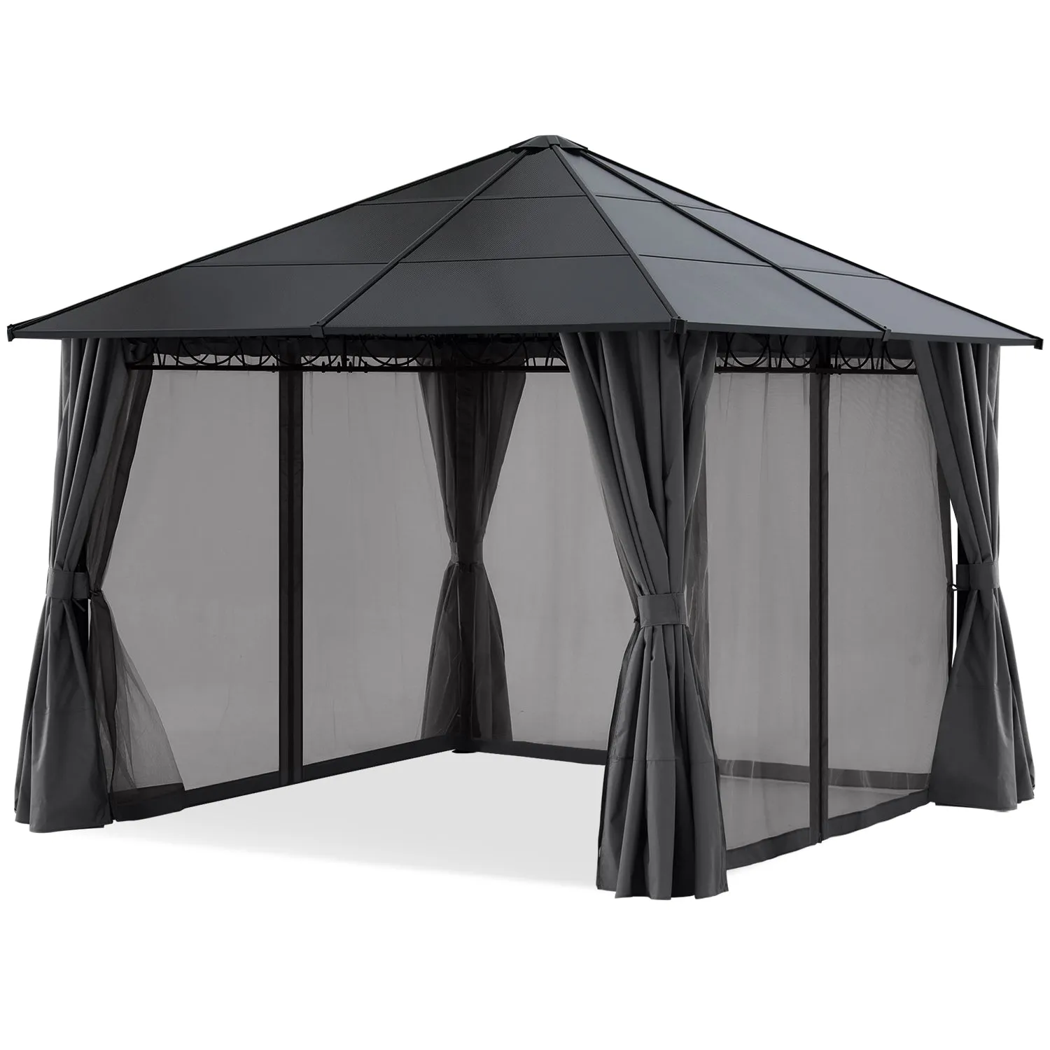 10x10 Outdoor Hardtop Gazebo Aluminum Frame Polycarbonate Top with Curtains and Netting