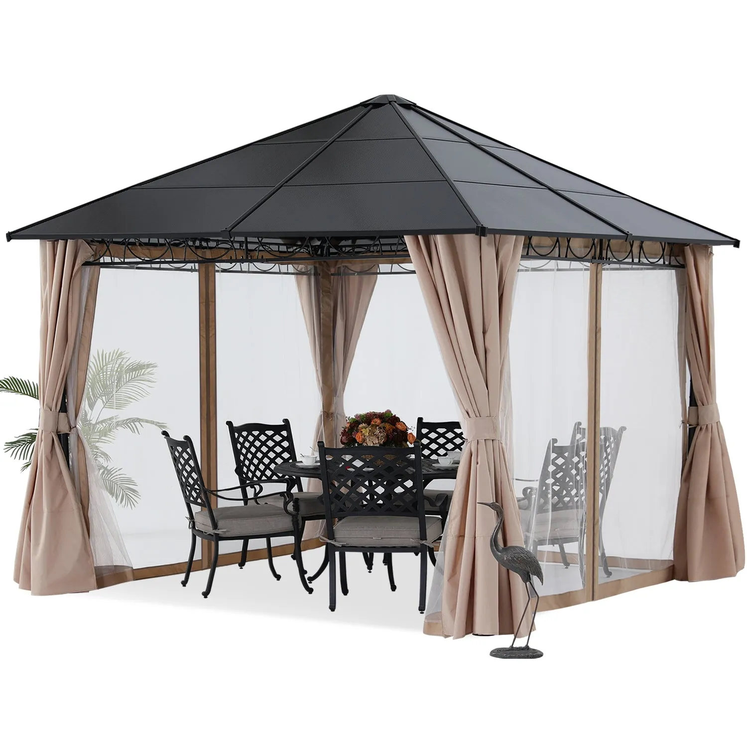 10x10 Outdoor Hardtop Gazebo Aluminum Frame Polycarbonate Top with Curtains and Netting