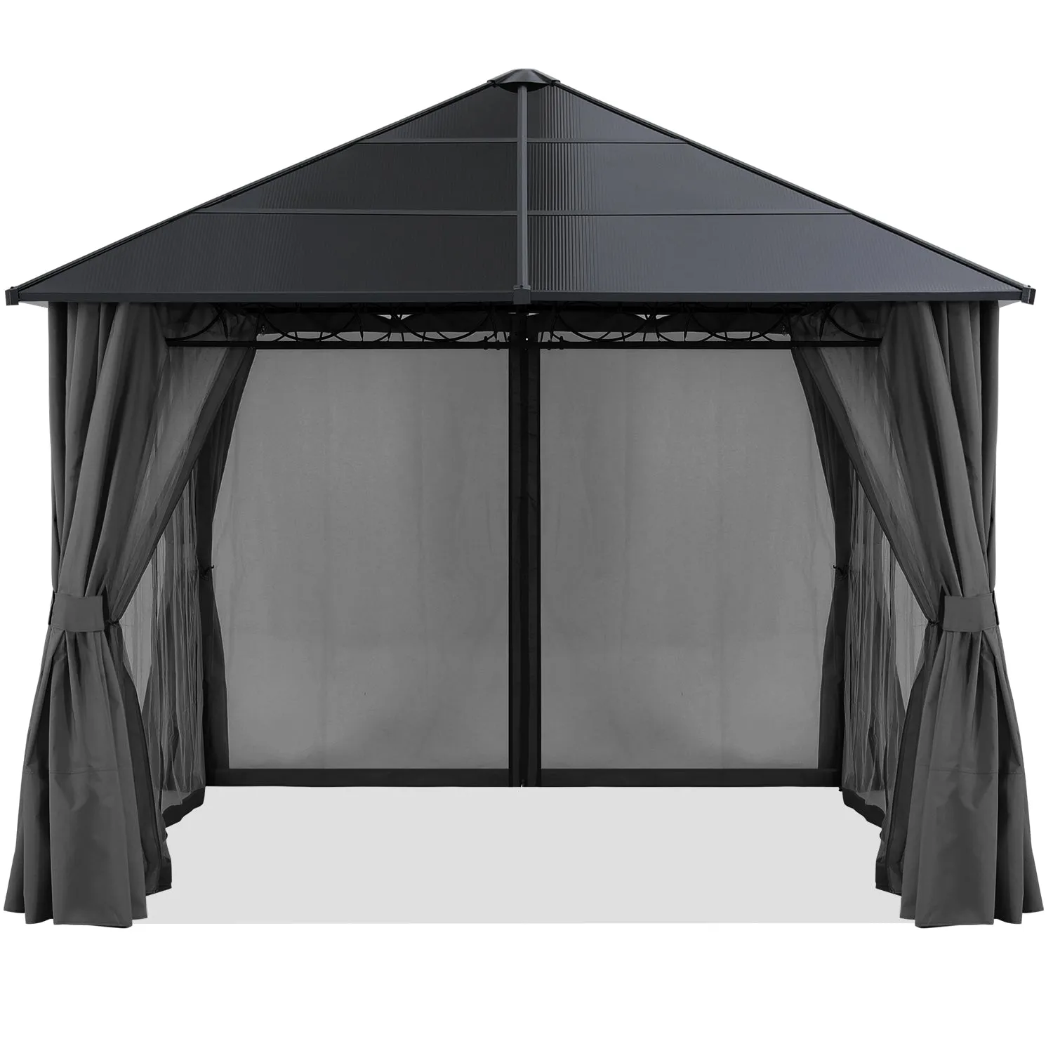 10x10 Outdoor Hardtop Gazebo Aluminum Frame Polycarbonate Top with Curtains and Netting