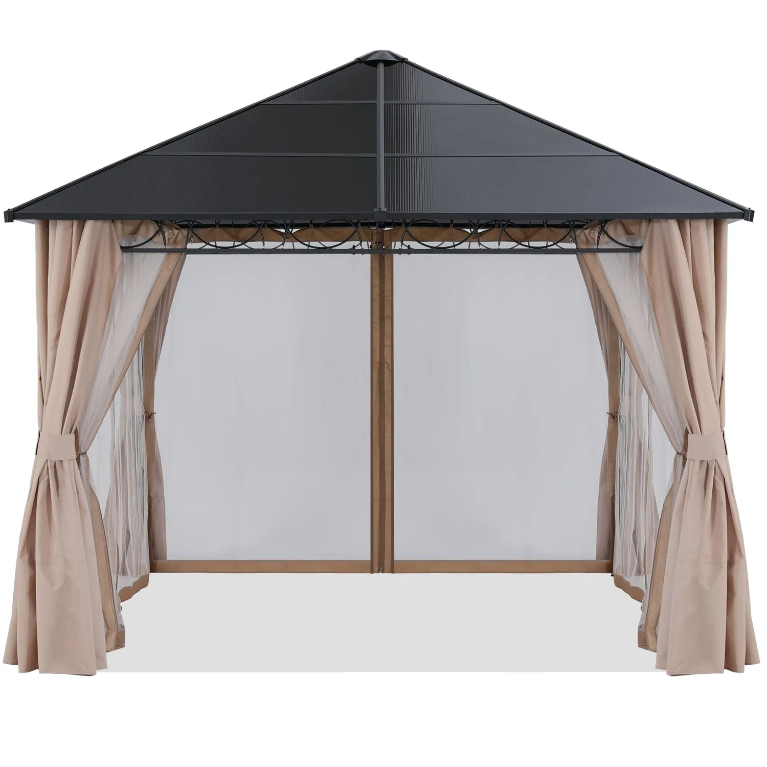 10x10 Outdoor Hardtop Gazebo Aluminum Frame Polycarbonate Top with Curtains and Netting