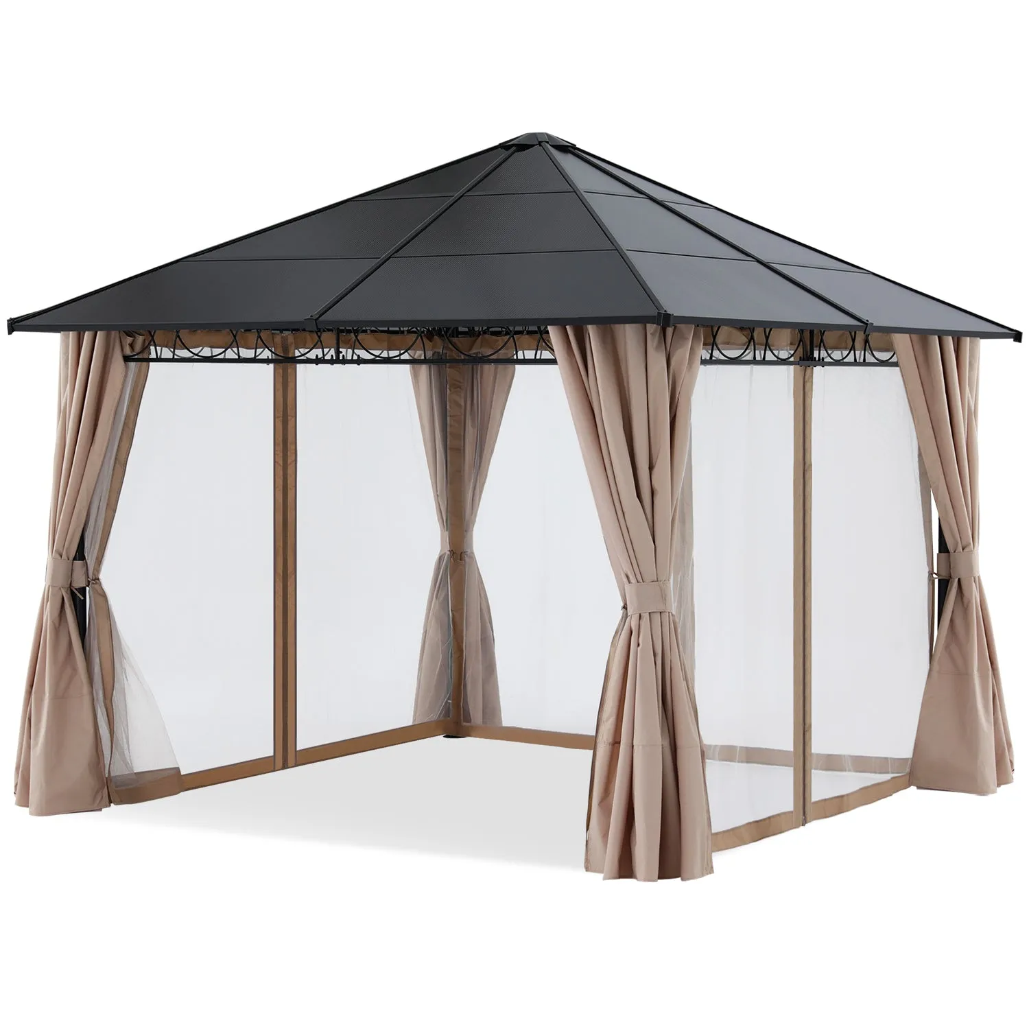 10x10 Outdoor Hardtop Gazebo Aluminum Frame Polycarbonate Top with Curtains and Netting