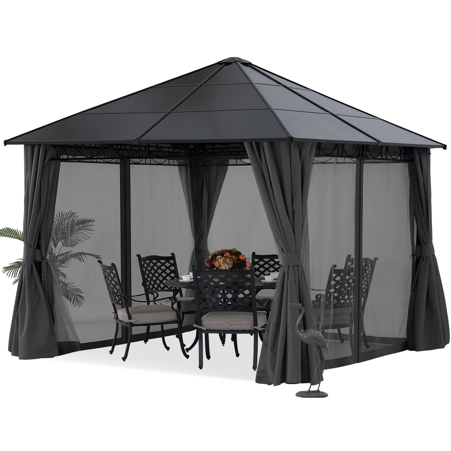 10x10 Outdoor Hardtop Gazebo Aluminum Frame Polycarbonate Top with Curtains and Netting