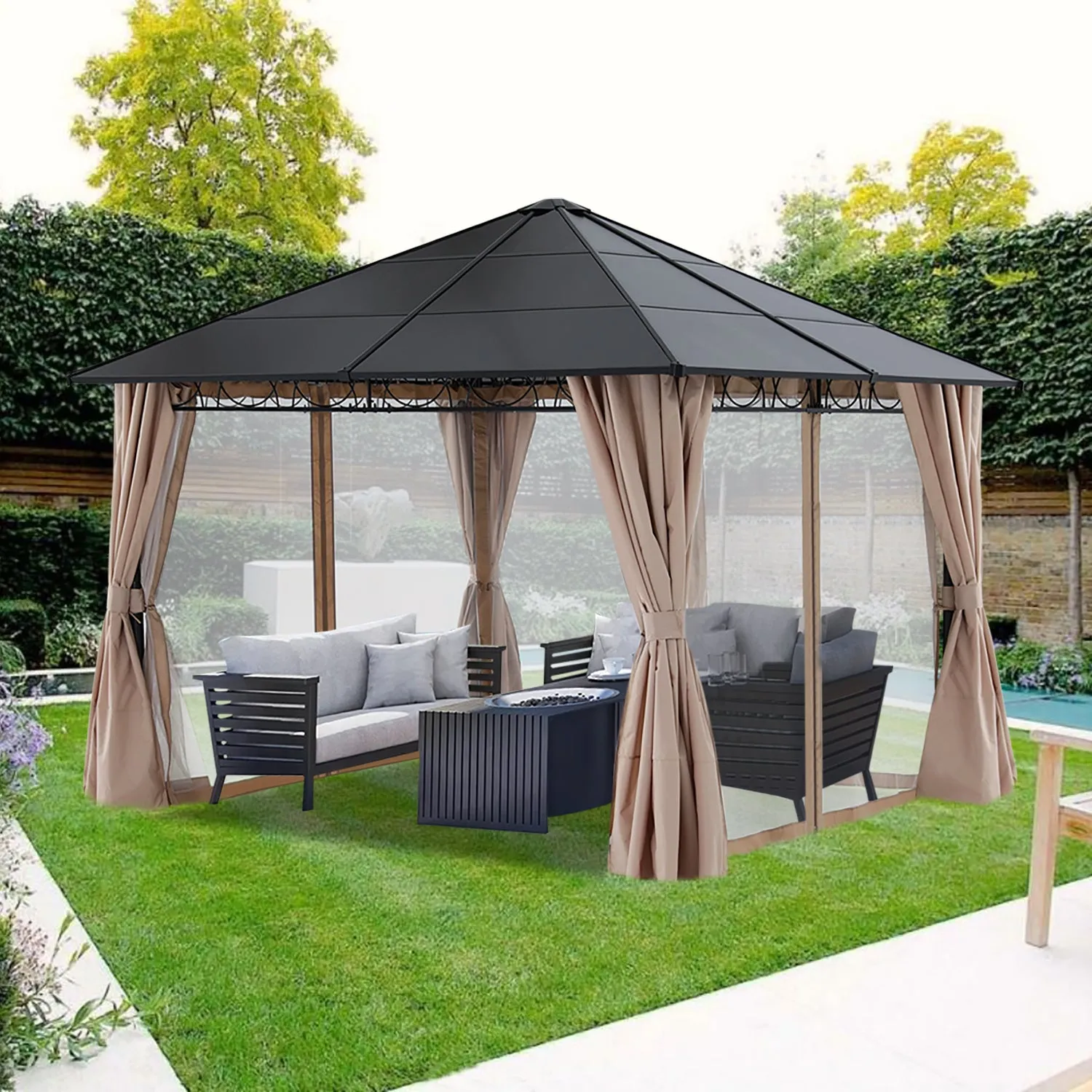 10x10 Outdoor Hardtop Gazebo Aluminum Frame Polycarbonate Top with Curtains and Netting