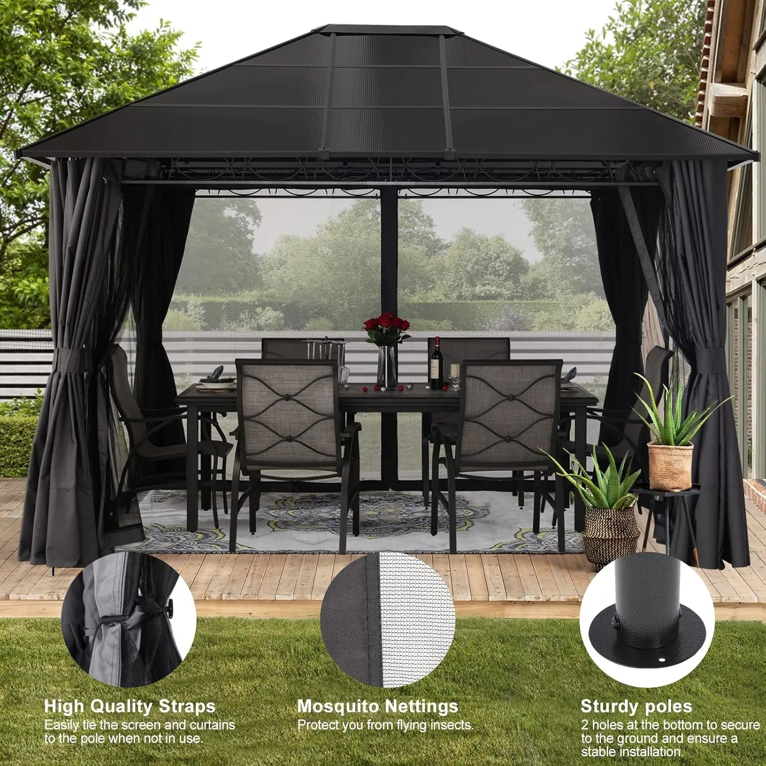 10X12 Outdoor Hardtop Gazebo Aluminum Frame Polycarbonate Top Canopy with Curtains and Netting, Dark Grey