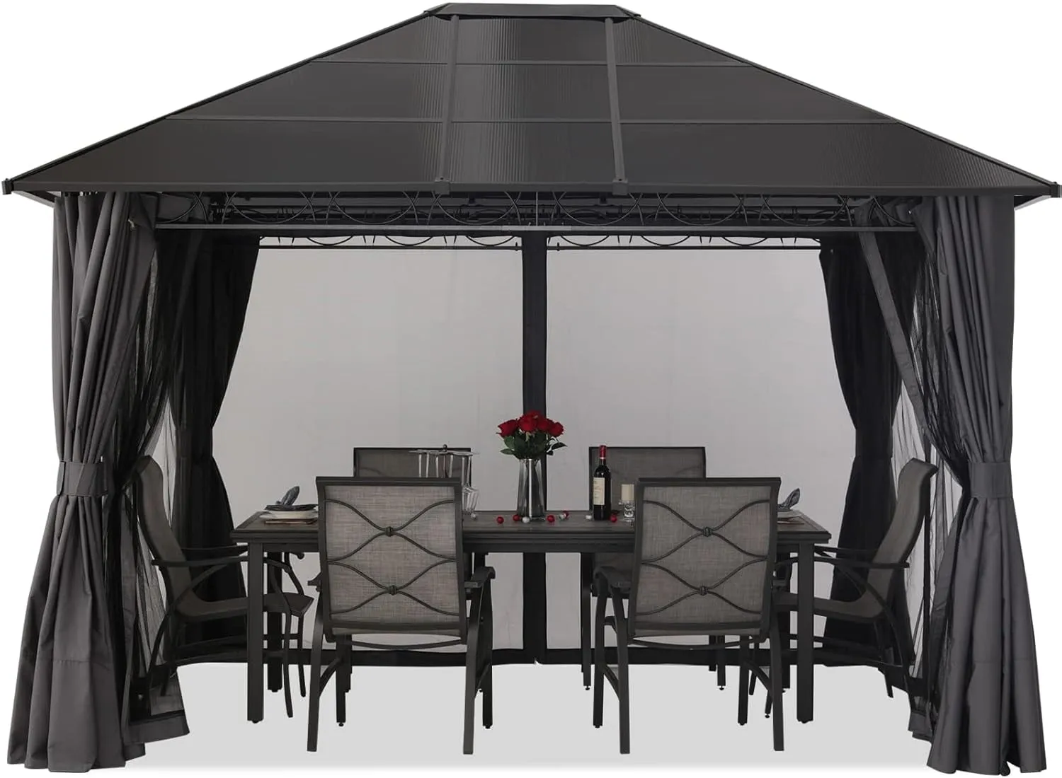 10X12 Outdoor Hardtop Gazebo Aluminum Frame Polycarbonate Top Canopy with Curtains and Netting, Dark Grey