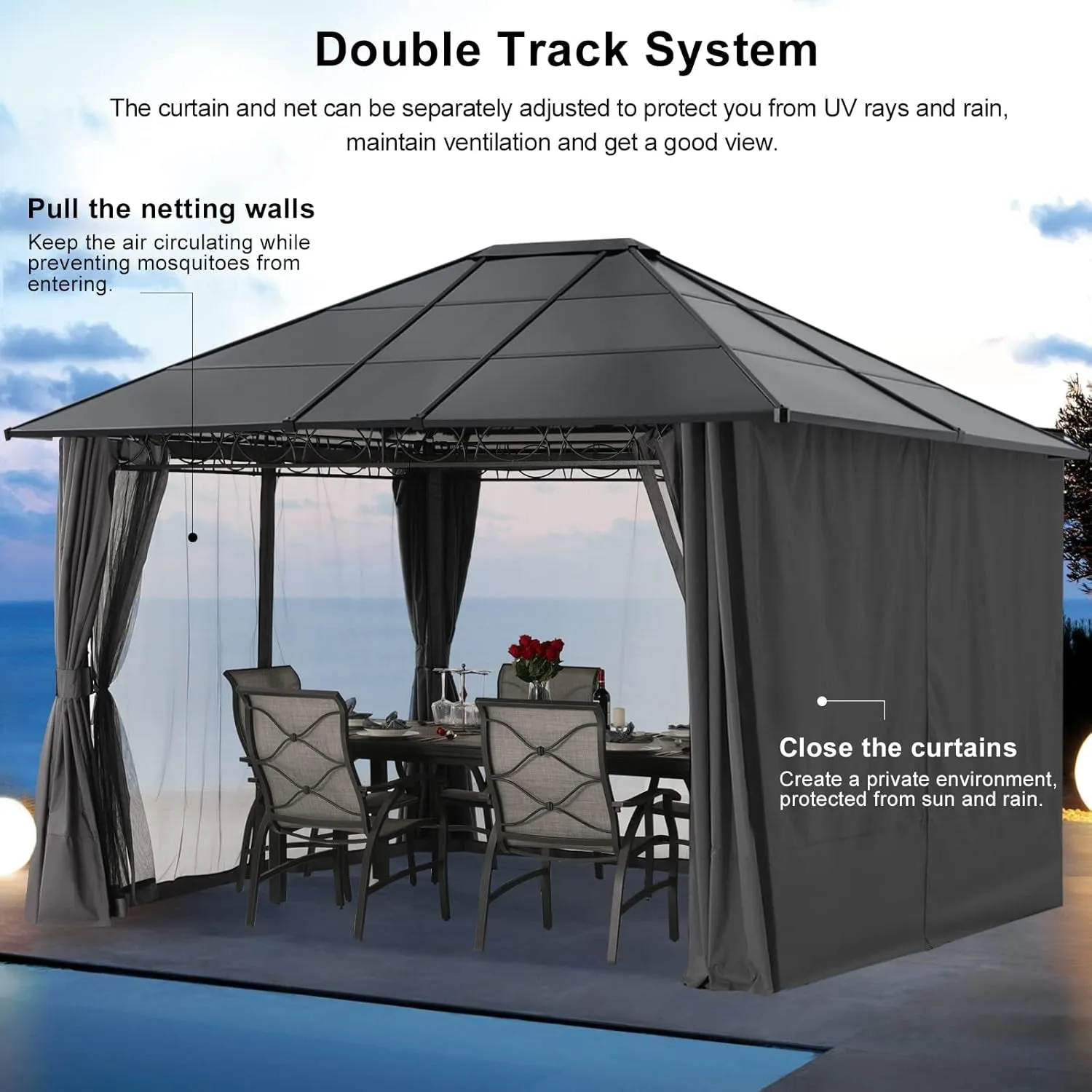 10X12 Outdoor Hardtop Gazebo Aluminum Frame Polycarbonate Top Canopy with Curtains and Netting, Dark Grey