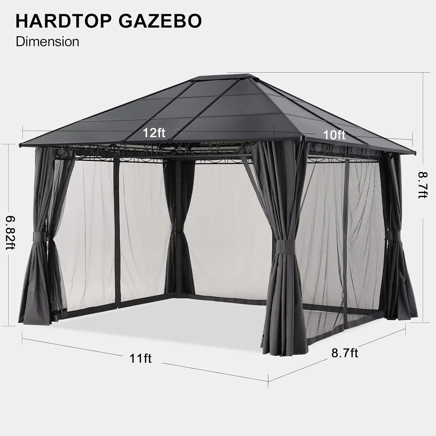 10X12 Outdoor Hardtop Gazebo Aluminum Frame Polycarbonate Top Canopy with Curtains and Netting, Dark Grey