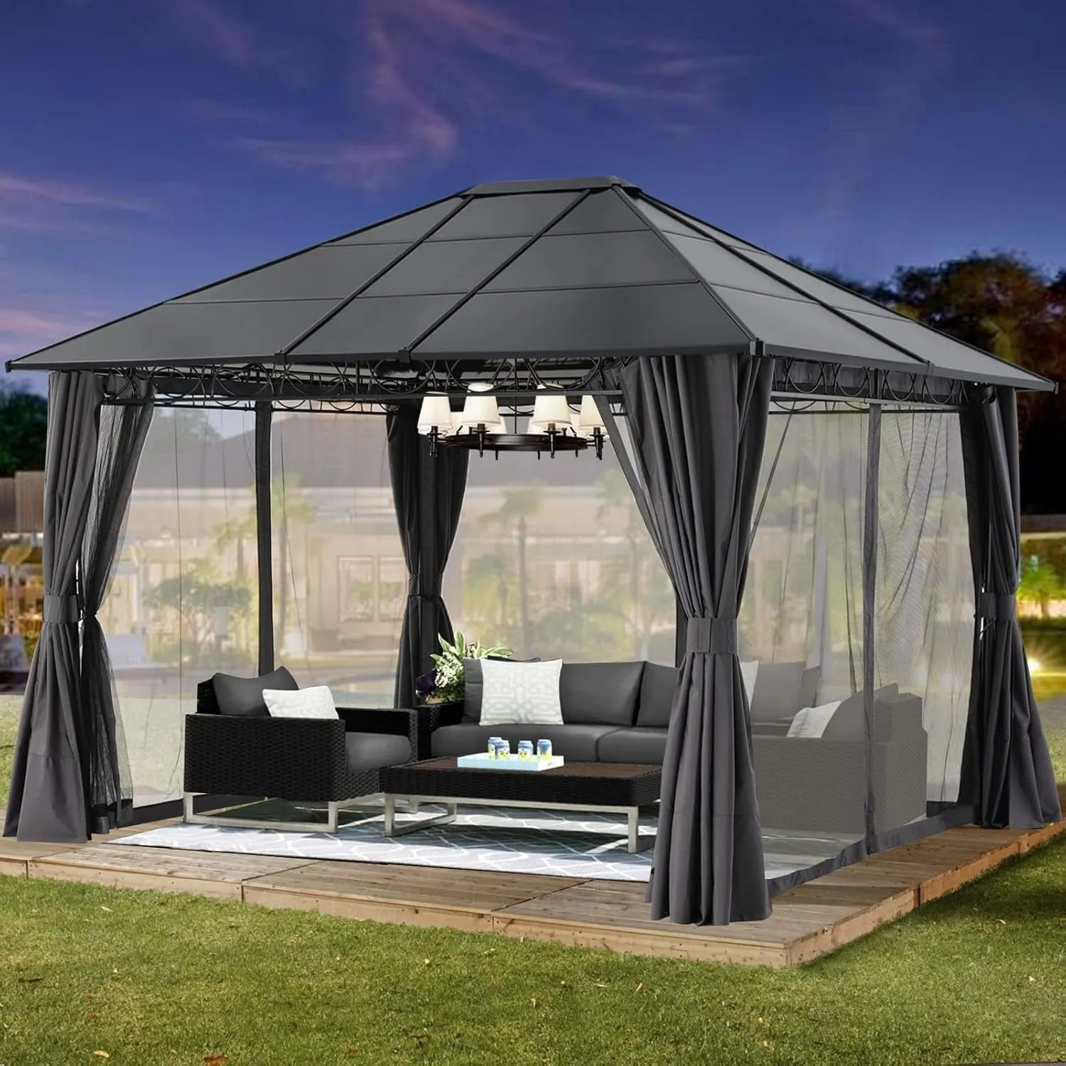 10X12 Outdoor Hardtop Gazebo Aluminum Frame Polycarbonate Top Canopy with Curtains and Netting, Dark Grey