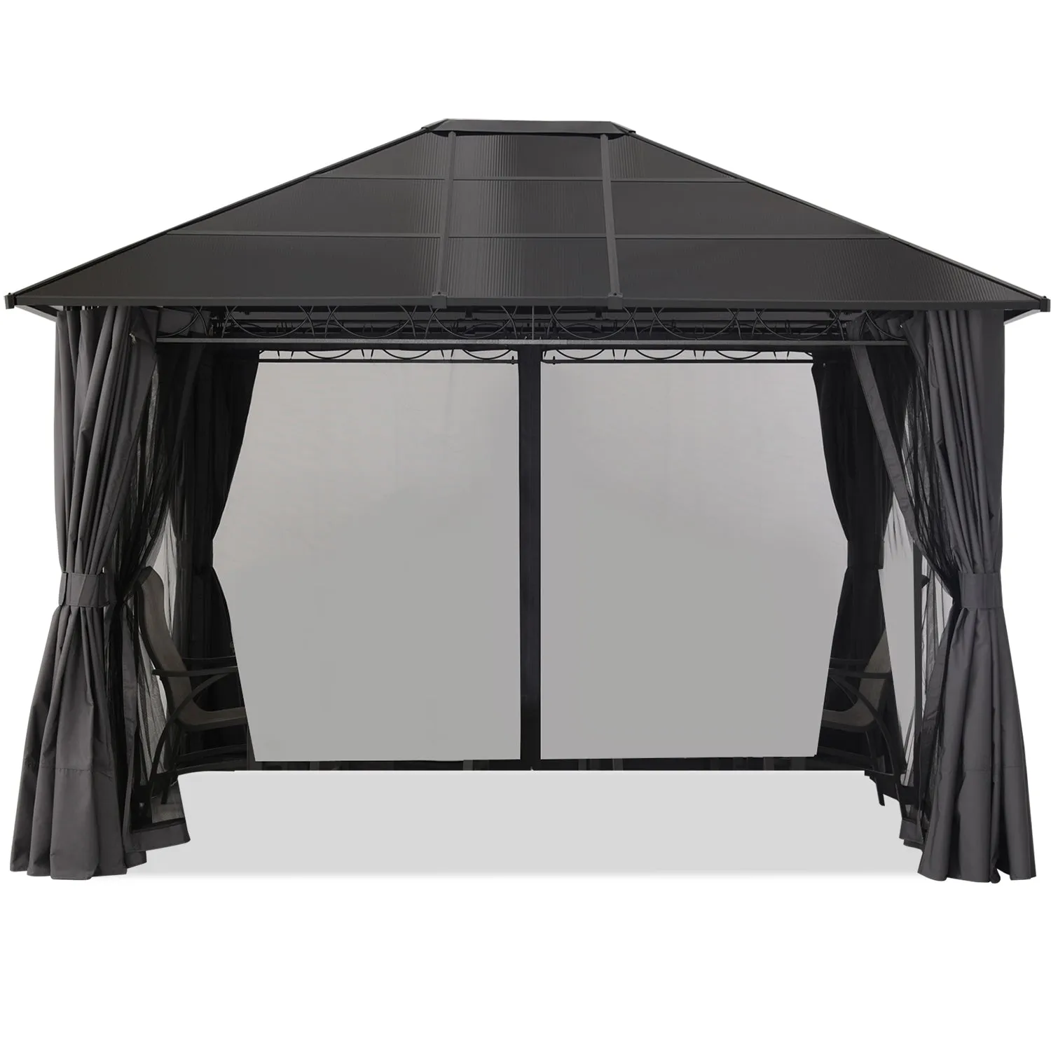 10x12 Outdoor Hardtop Gazebo Aluminum Frame Polycarbonate Top Canopy with Curtains and Netting