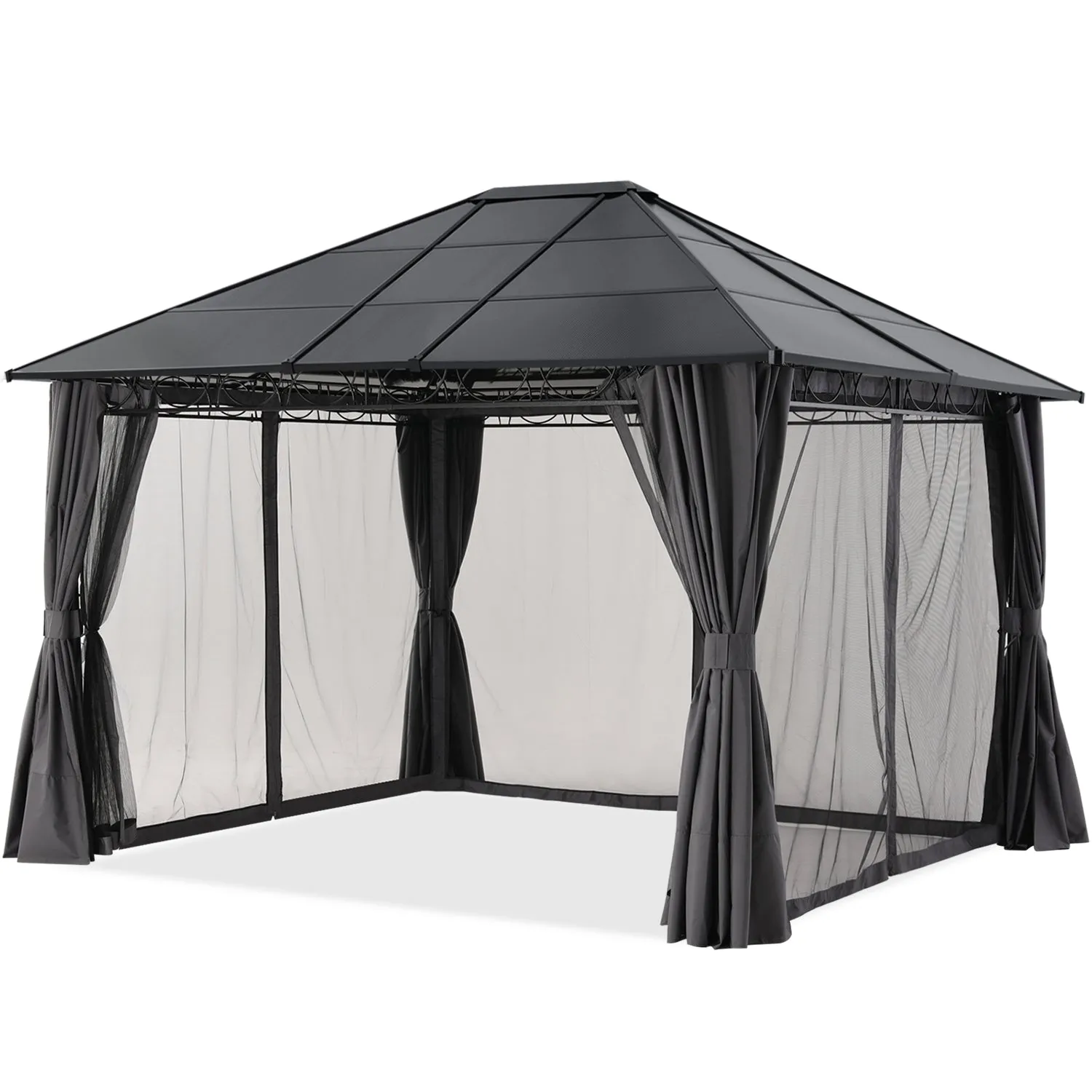 10x12 Outdoor Hardtop Gazebo Aluminum Frame Polycarbonate Top Canopy with Curtains and Netting