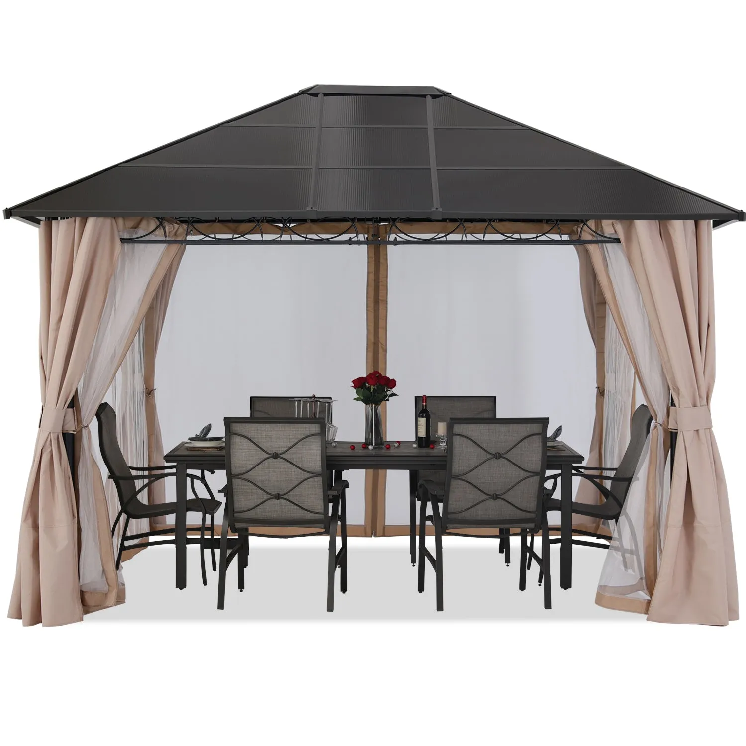 10x12 Outdoor Hardtop Gazebo Aluminum Frame Polycarbonate Top Canopy with Curtains and Netting