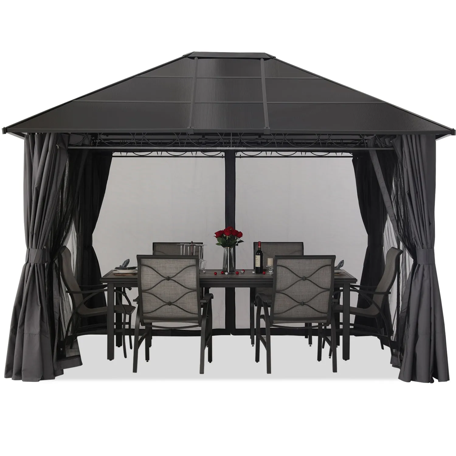 10x12 Outdoor Hardtop Gazebo Aluminum Frame Polycarbonate Top Canopy with Curtains and Netting