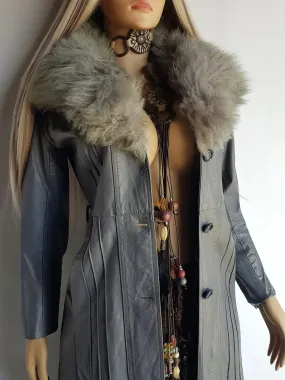 1970s Grey Spy Coat with Fur Collar - Penny Lane Almost Famous Leather Coat - Beautiful Leather Panelling & Perfect Knee Length