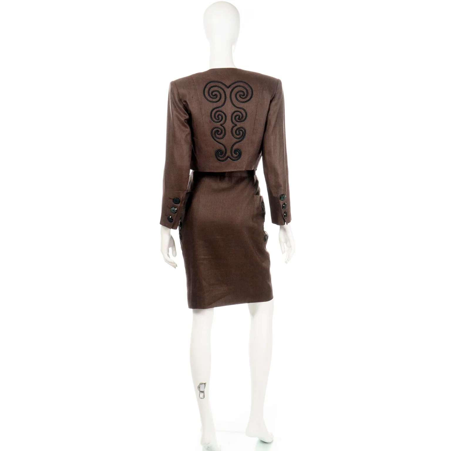 1980s Yves Saint Laurent Brown Skirt & Cropped Jacket Suit w Embroidery