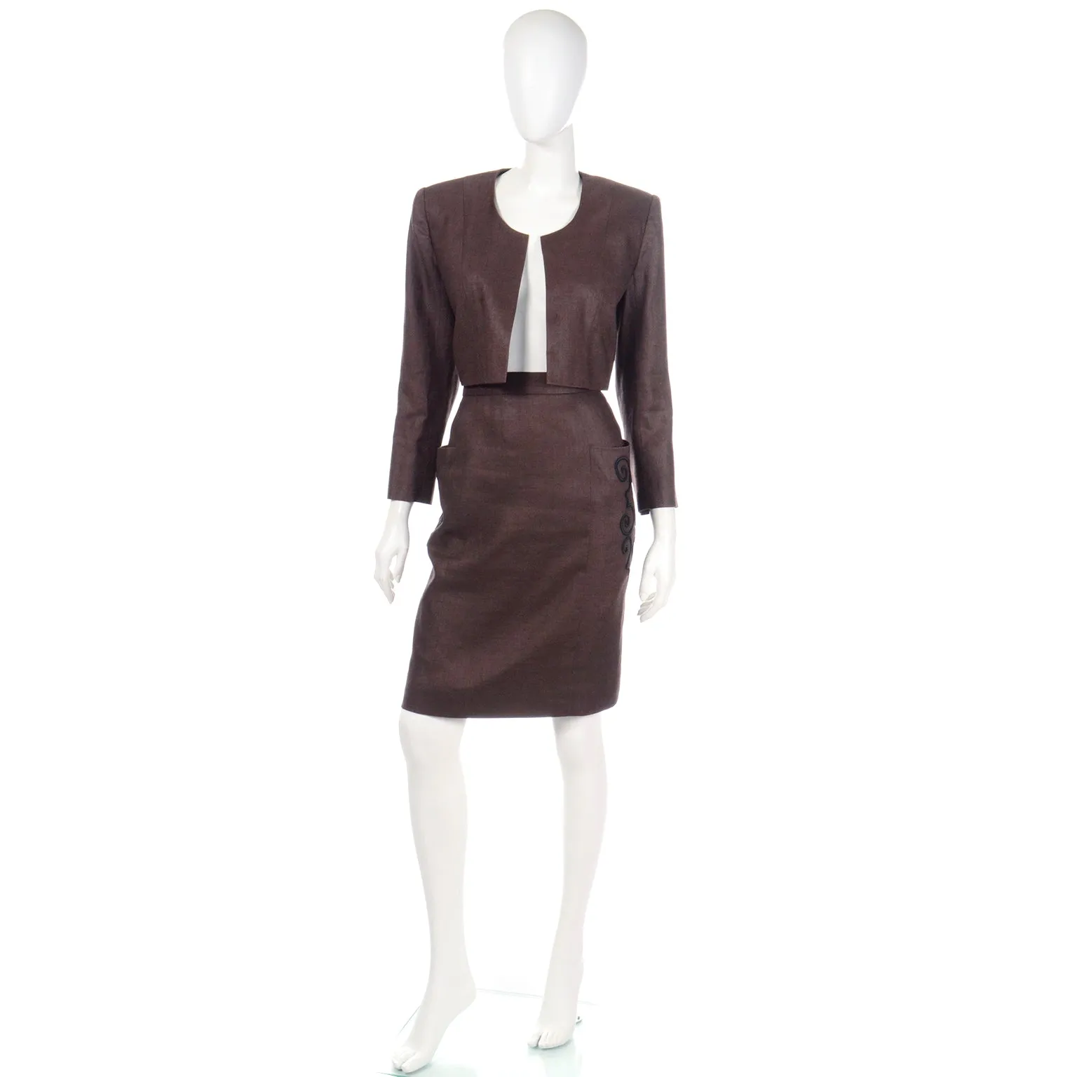 1980s Yves Saint Laurent Brown Skirt & Cropped Jacket Suit w Embroidery