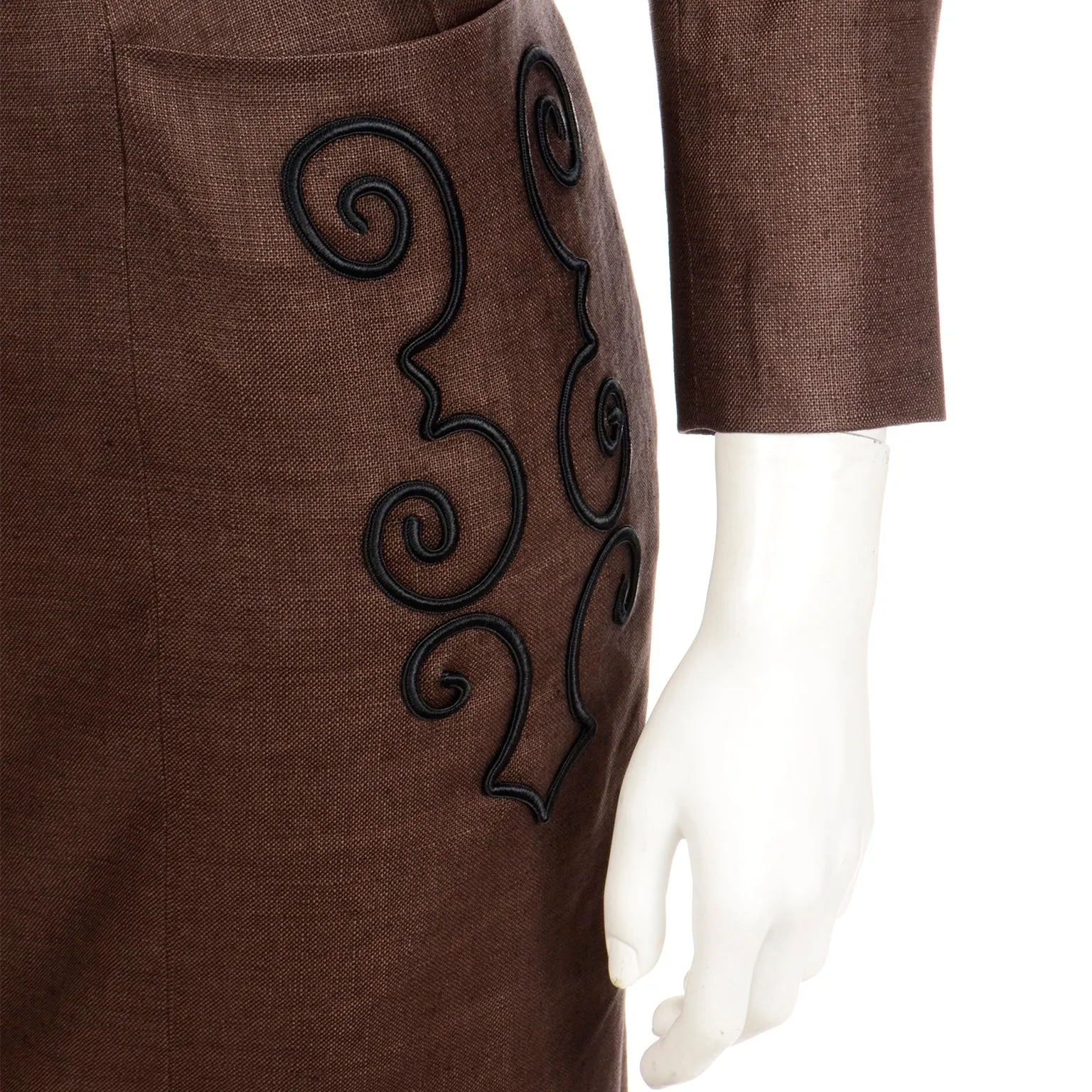 1980s Yves Saint Laurent Brown Skirt & Cropped Jacket Suit w Embroidery