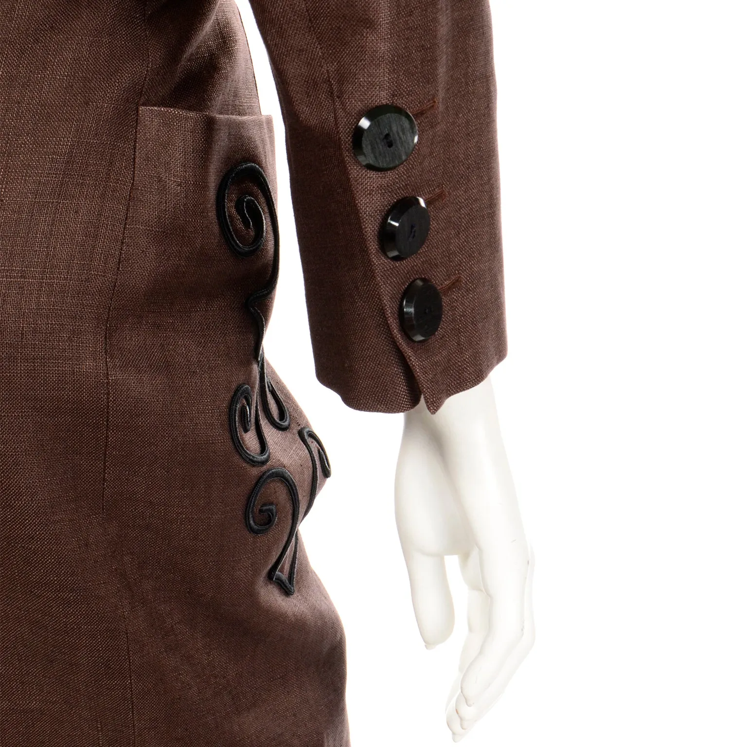 1980s Yves Saint Laurent Brown Skirt & Cropped Jacket Suit w Embroidery