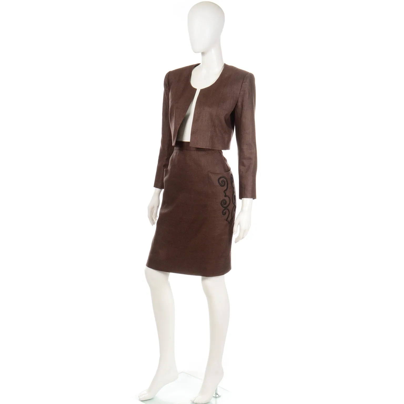 1980s Yves Saint Laurent Brown Skirt & Cropped Jacket Suit w Embroidery