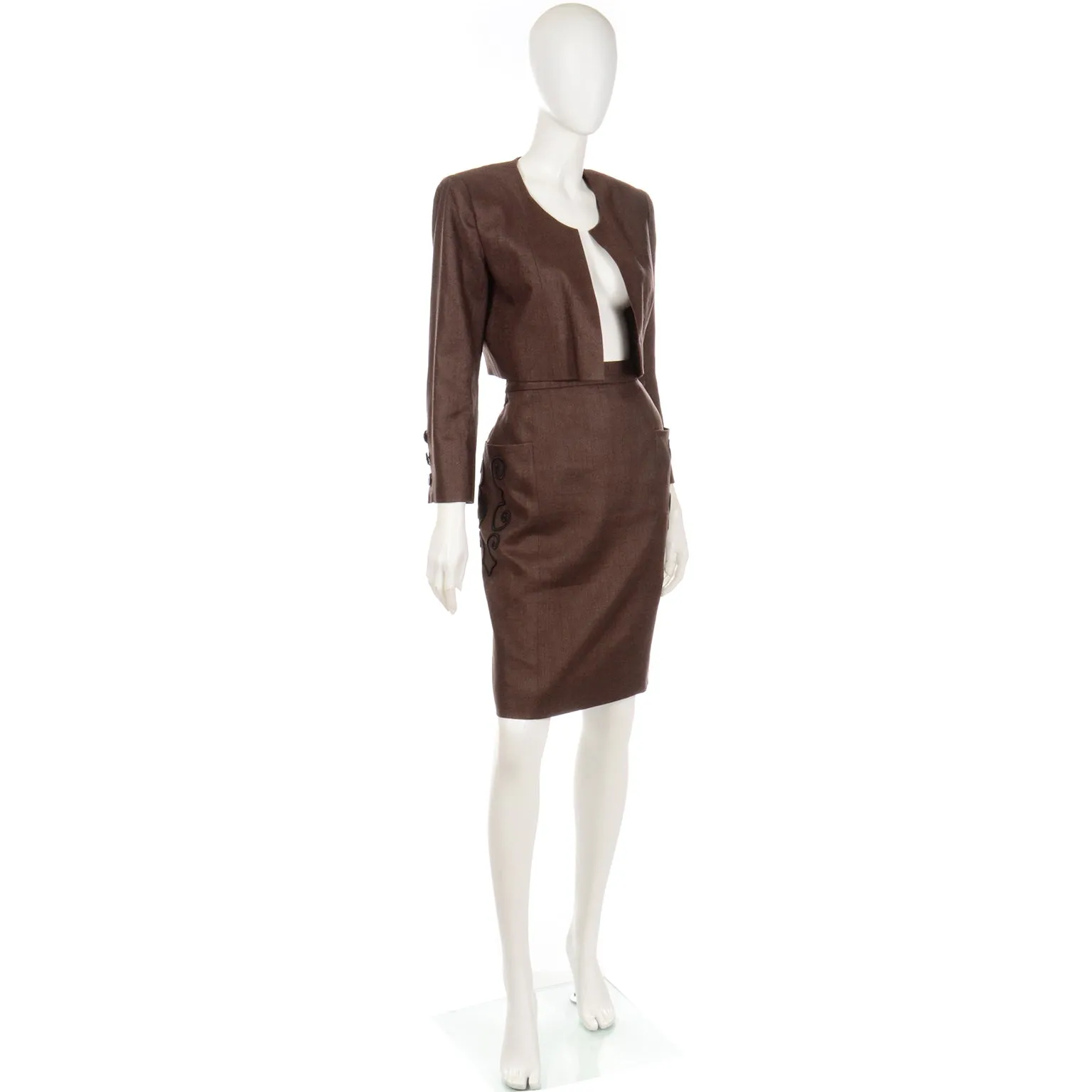 1980s Yves Saint Laurent Brown Skirt & Cropped Jacket Suit w Embroidery