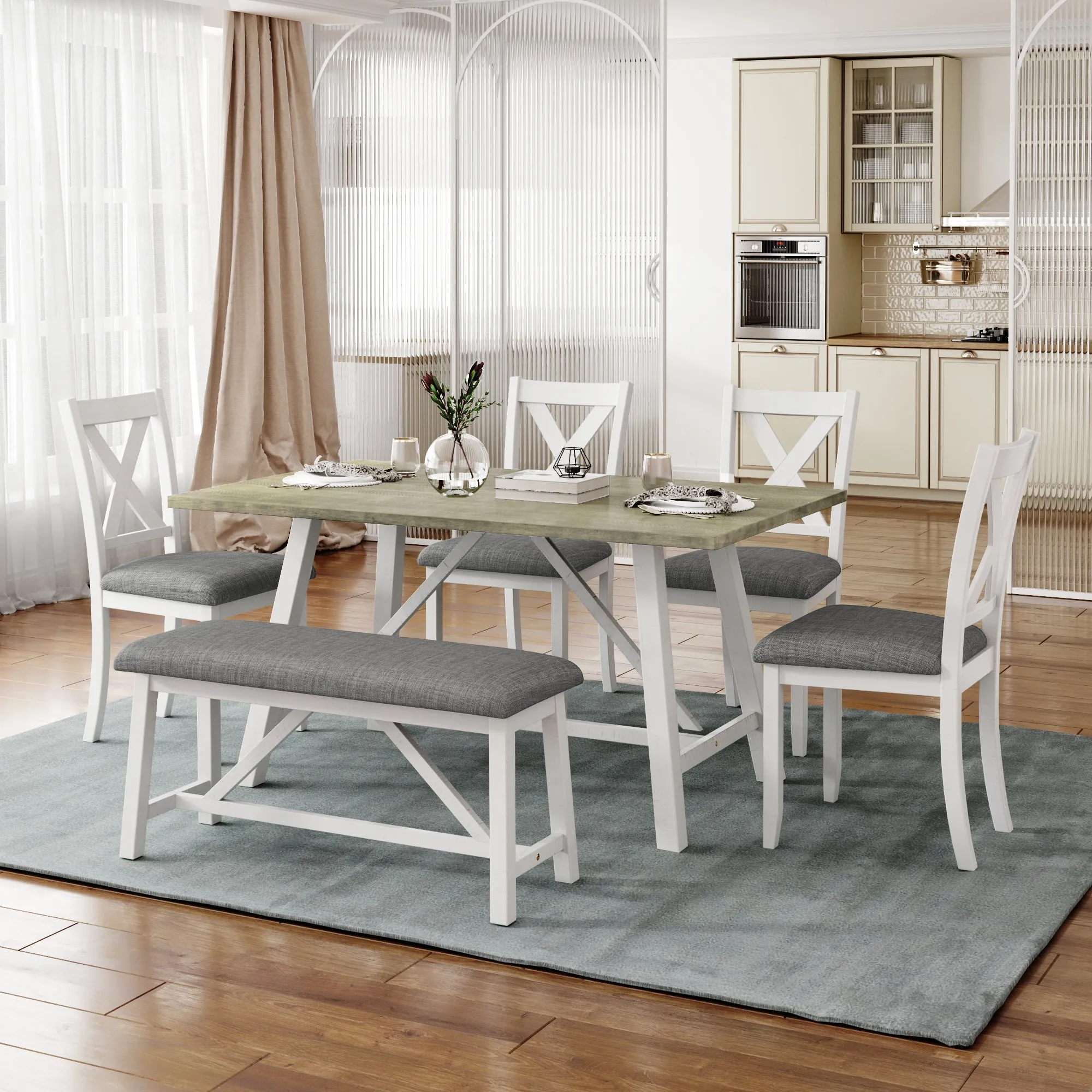 6 Piece Dining Table Set Rustic Style,White Gray