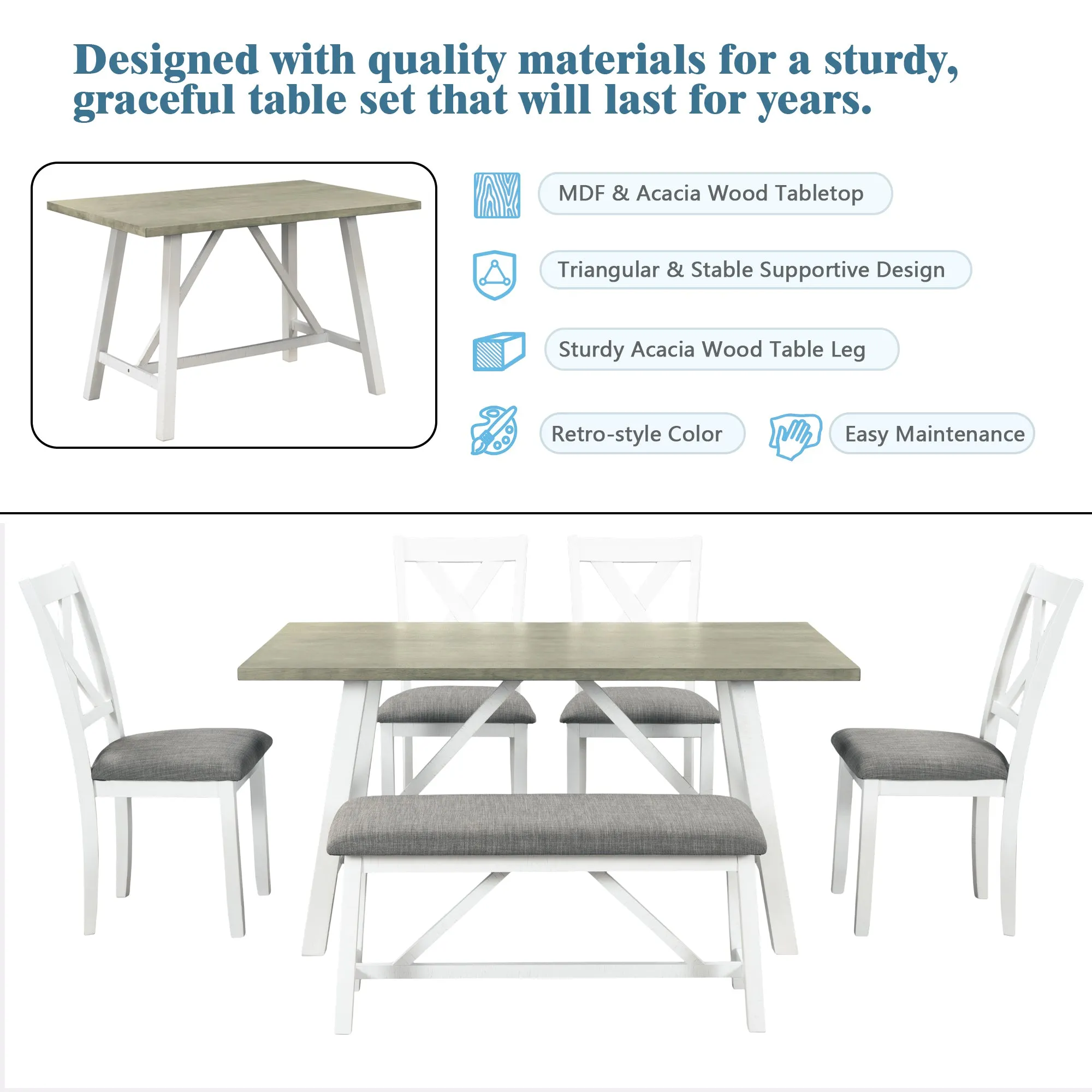 6 Piece Dining Table Set Rustic Style,White Gray