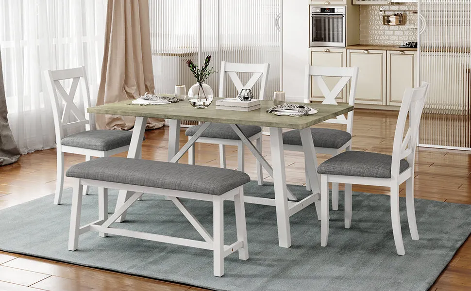 6 Piece Dining Table Set Rustic Style,White Gray