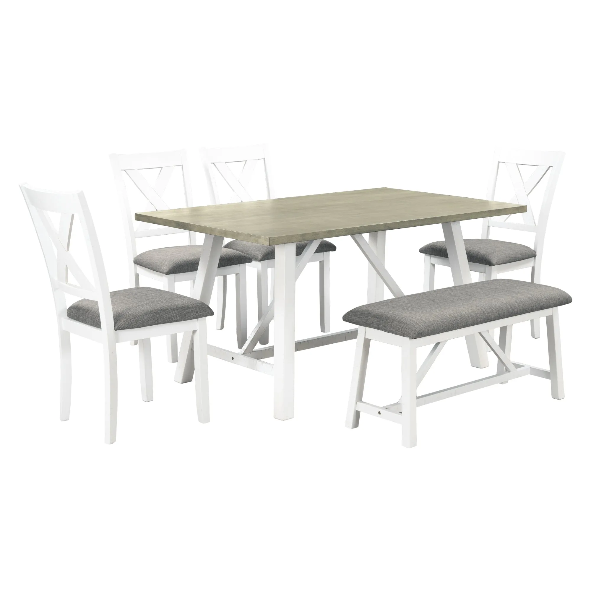 6 Piece Dining Table Set Rustic Style,White Gray