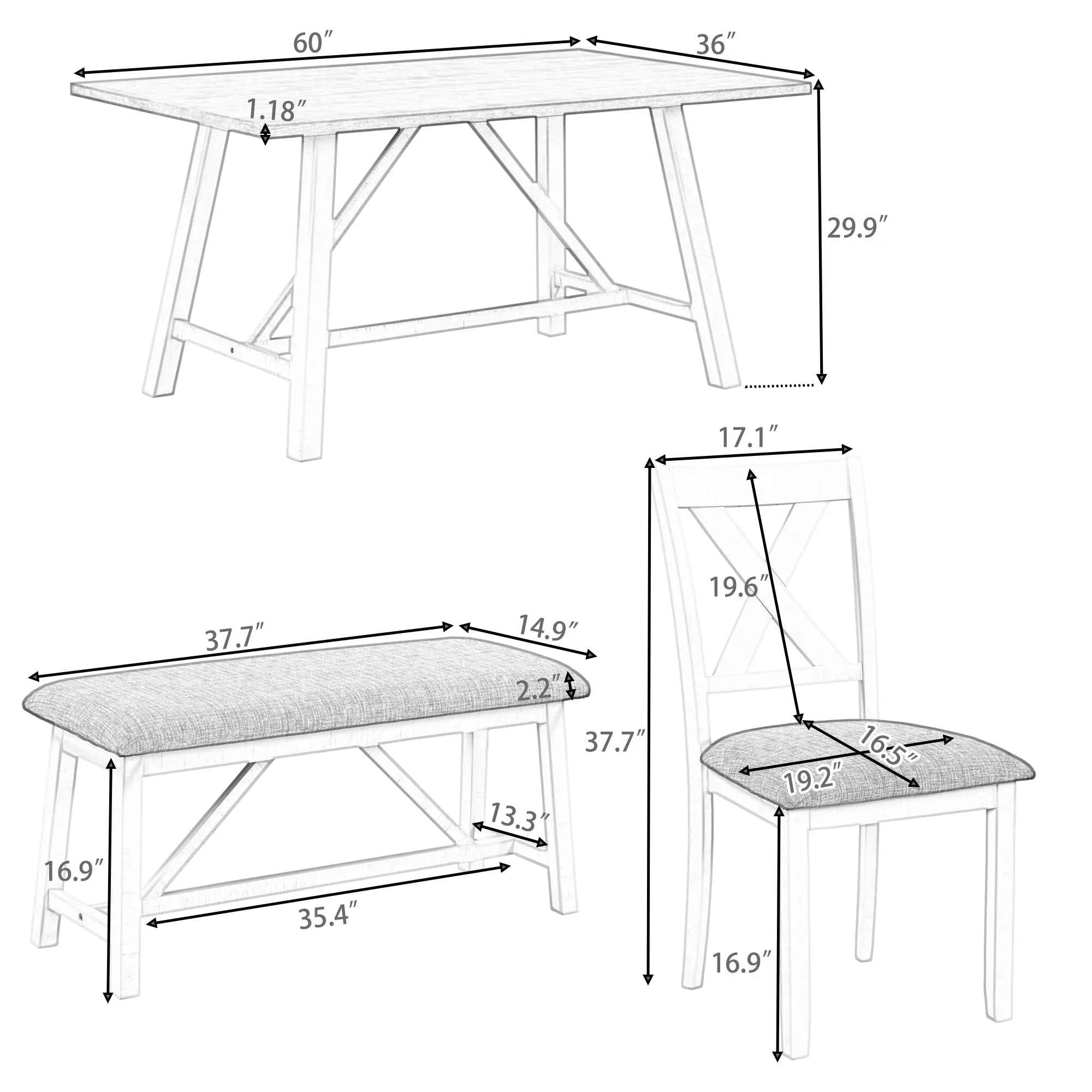 6 Piece Dining Table Set Rustic Style,White Gray