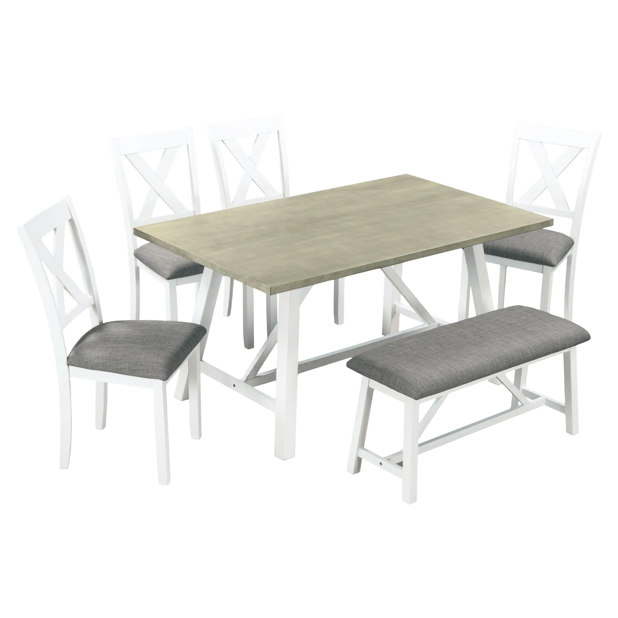 6 Piece Dining Table Set Rustic Style,White Gray