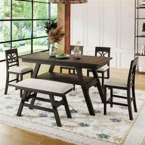 6-Piece Wood Counter Height Dining Table Set with Storage Shelf Espresso Beige Cushion