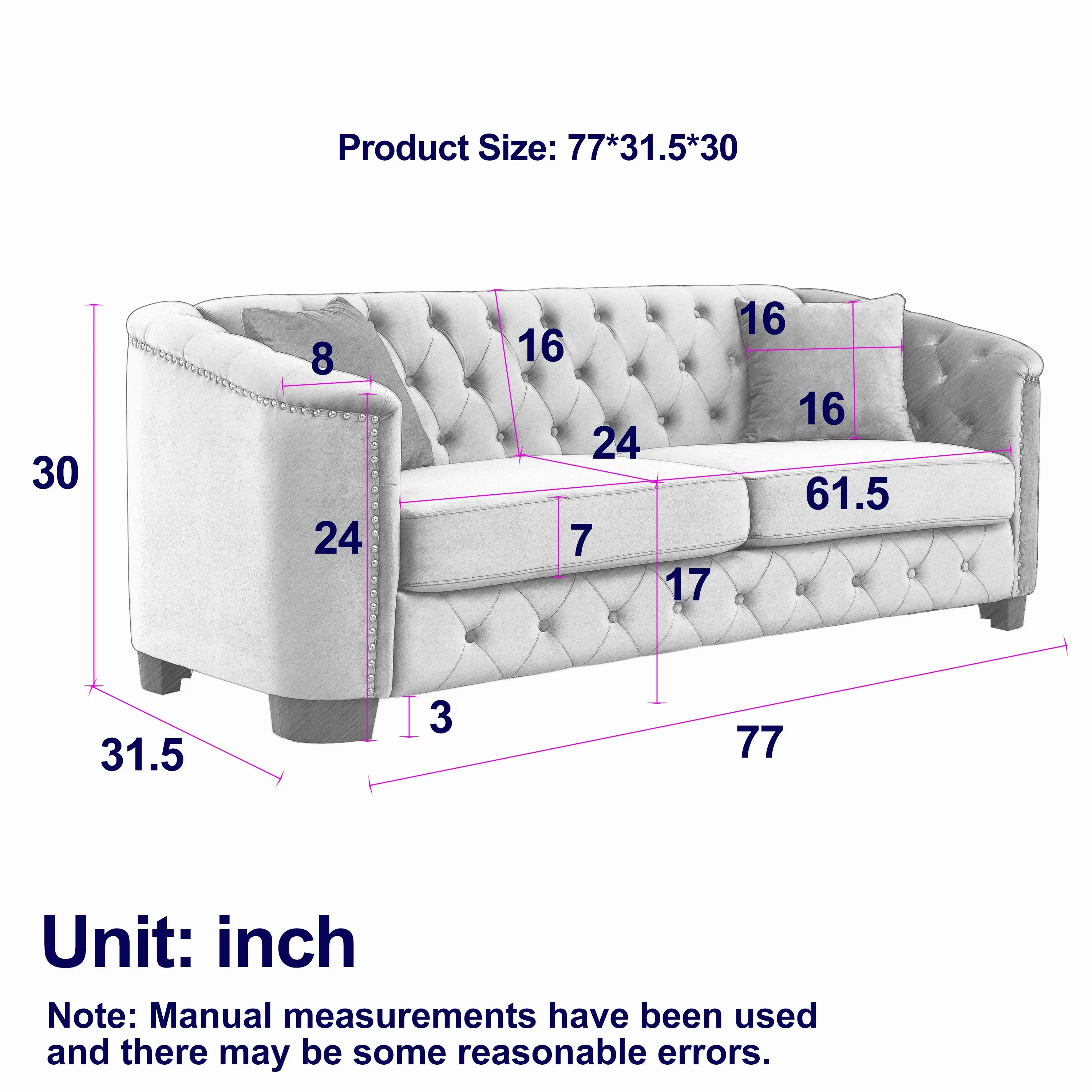 77" Modern Chesterfield Velvet Sofa with Nailhead Arms and 2 Cushions for Living Room