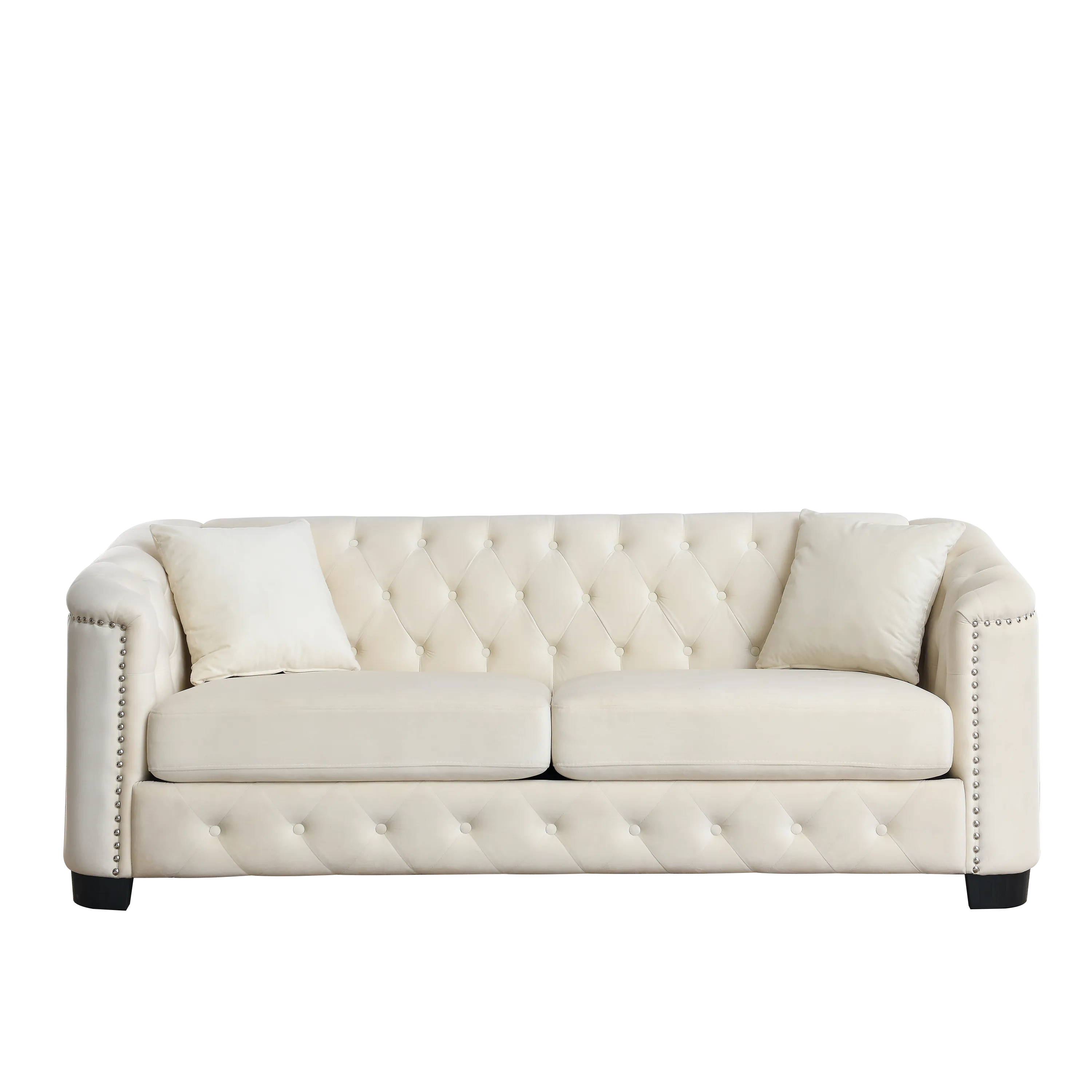 77" Modern Chesterfield Velvet Sofa with Nailhead Arms and 2 Cushions for Living Room