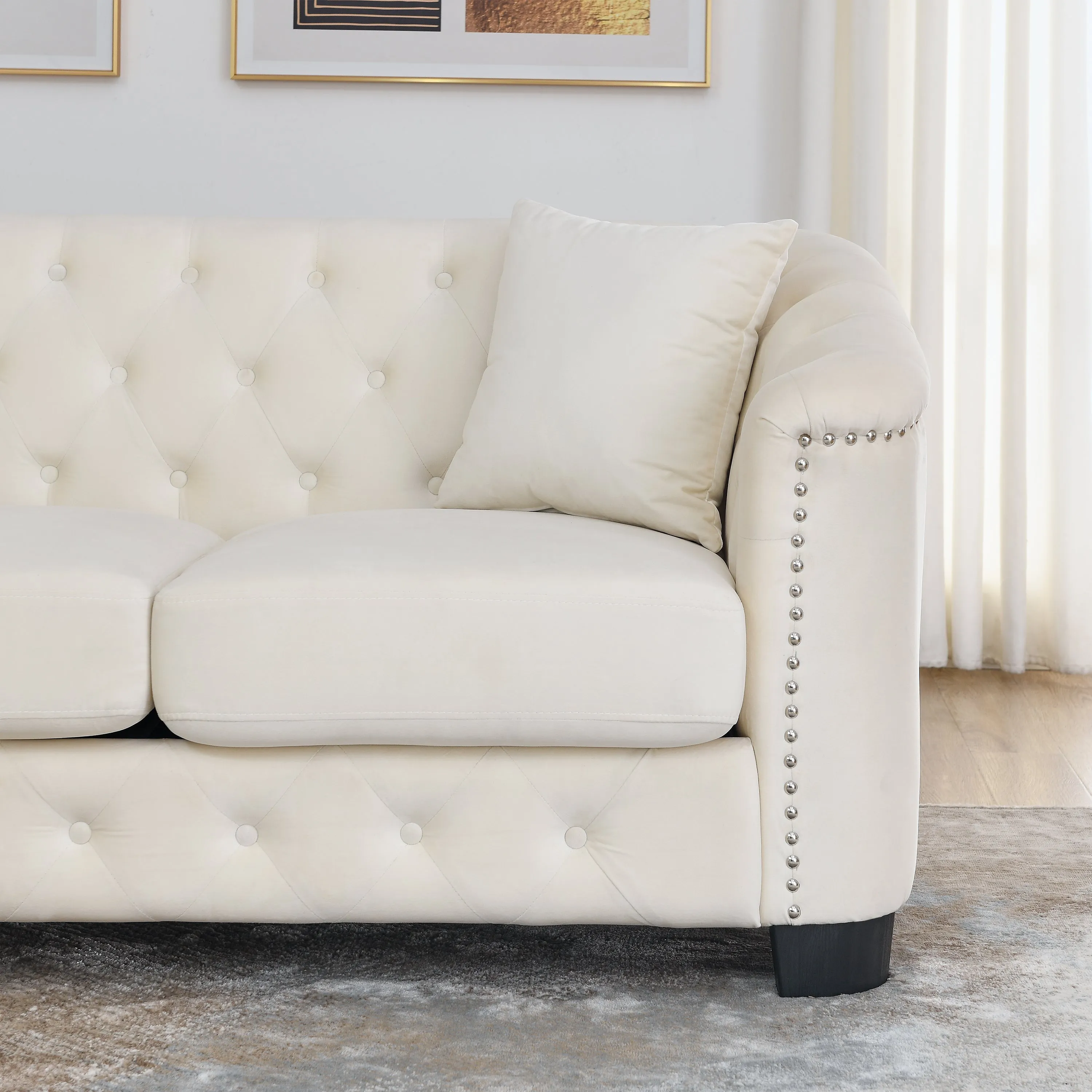 77" Modern Chesterfield Velvet Sofa with Nailhead Arms and 2 Cushions for Living Room