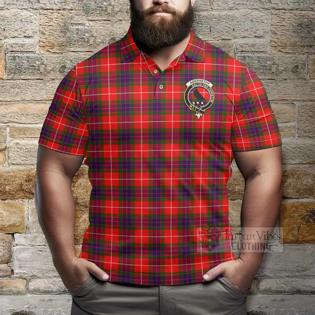 Abernethy Tartan Polo Shirt with Family Crest and Bearded Skull Holding Bottles of Whiskey