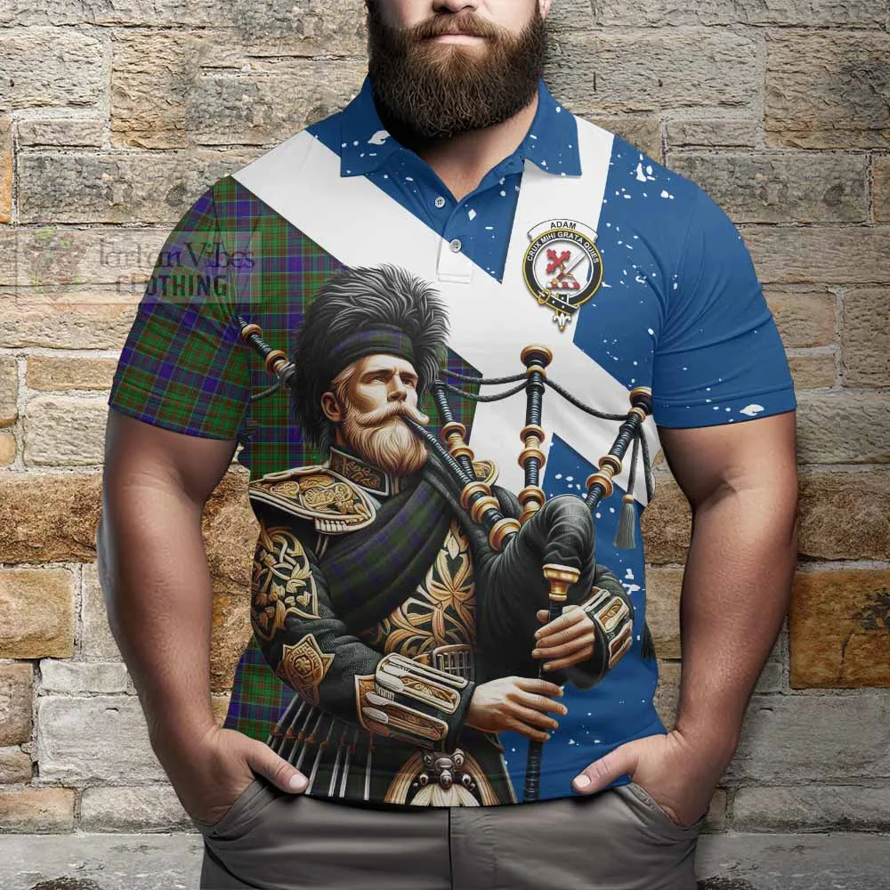 Adam Tartan Polo Shirt with Family Crest Scottish Bagpiper Vibes