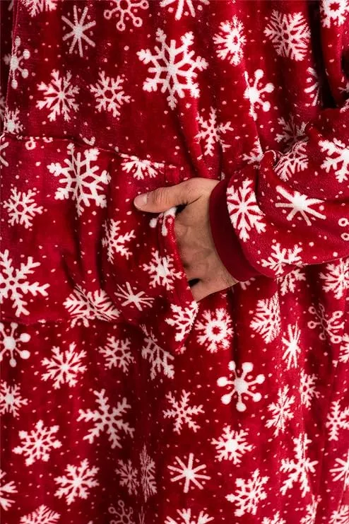 Adults' Red Sherpa Wearable Blanket Hoodie with Snowflake Design