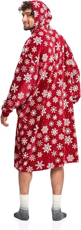 Adults' Red Sherpa Wearable Blanket Hoodie with Snowflake Design