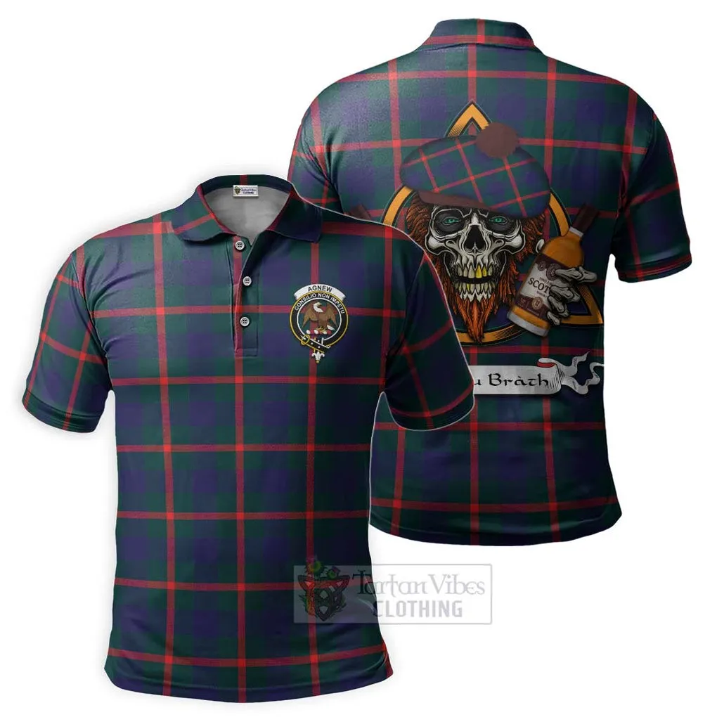 Agnew Tartan Polo Shirt with Family Crest and Bearded Skull Holding Bottles of Whiskey