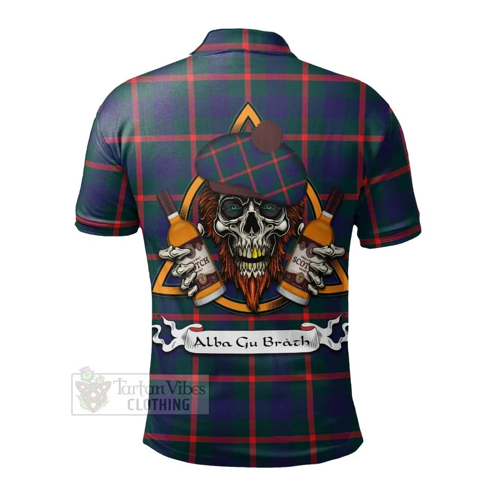 Agnew Tartan Polo Shirt with Family Crest and Bearded Skull Holding Bottles of Whiskey