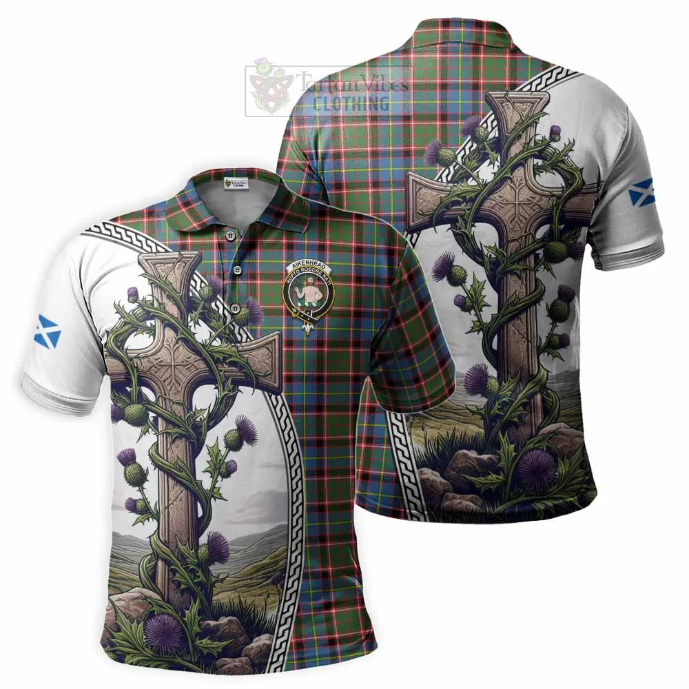 Aikenhead Tartan Polo Shirt with Family Crest and St. Andrew's Cross Accented by Thistle Vines