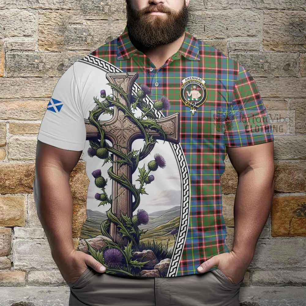 Aikenhead Tartan Polo Shirt with Family Crest and St. Andrew's Cross Accented by Thistle Vines