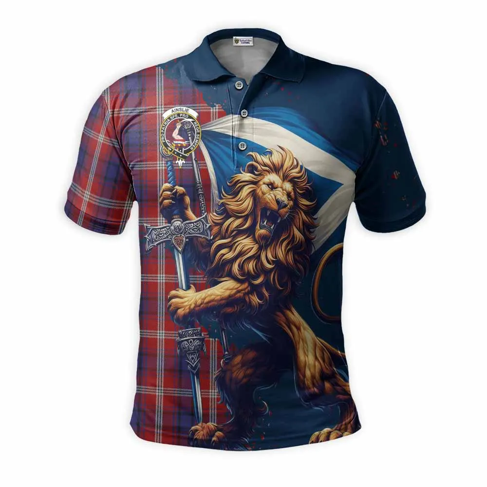 Ainslie Tartan Family Crest Men's Polo Shirt with Scottish Majestic Lion