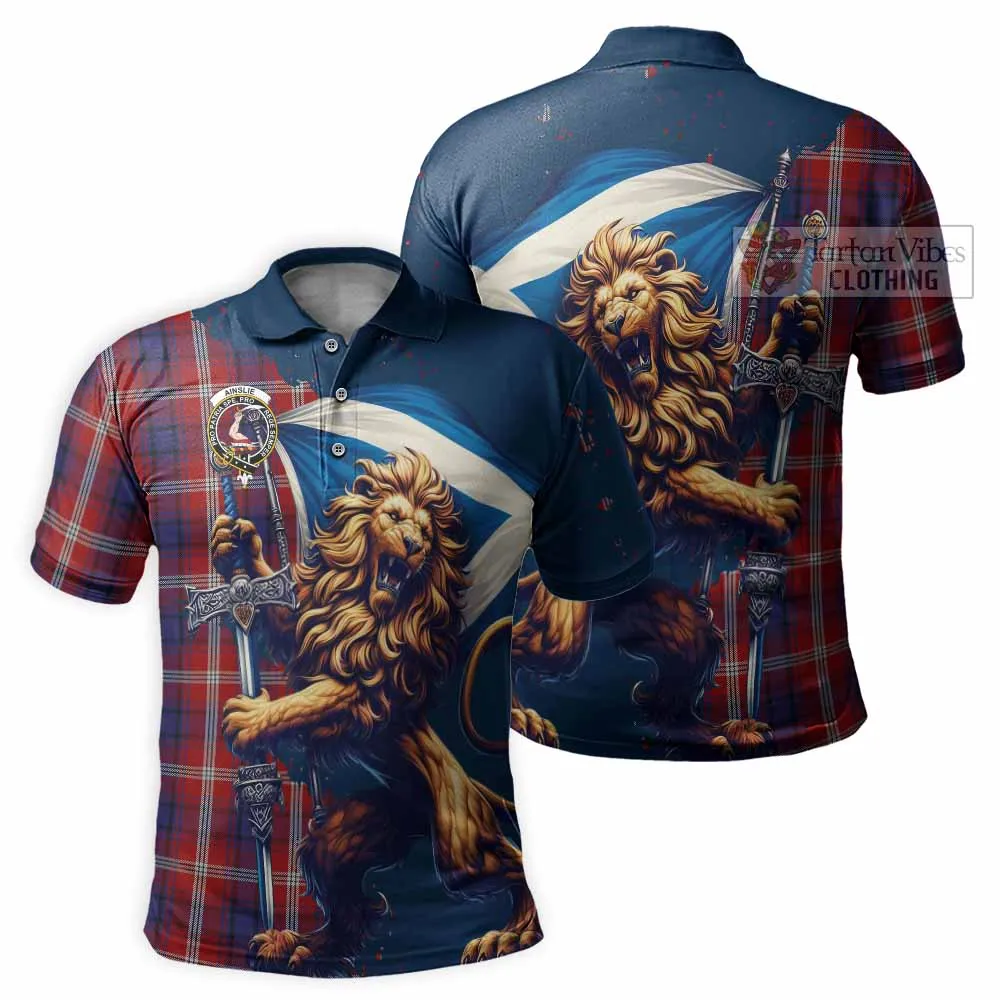 Ainslie Tartan Family Crest Men's Polo Shirt with Scottish Majestic Lion