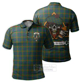 Aiton Tartan Polo Shirt with Family Crest and Bearded Skull Holding Bottles of Whiskey