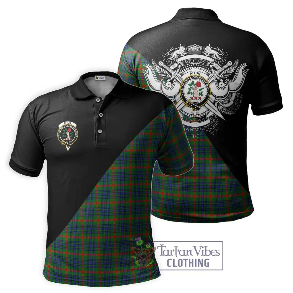 Aiton Tartan Polo Shirt with Family Crest and Military Logo Style