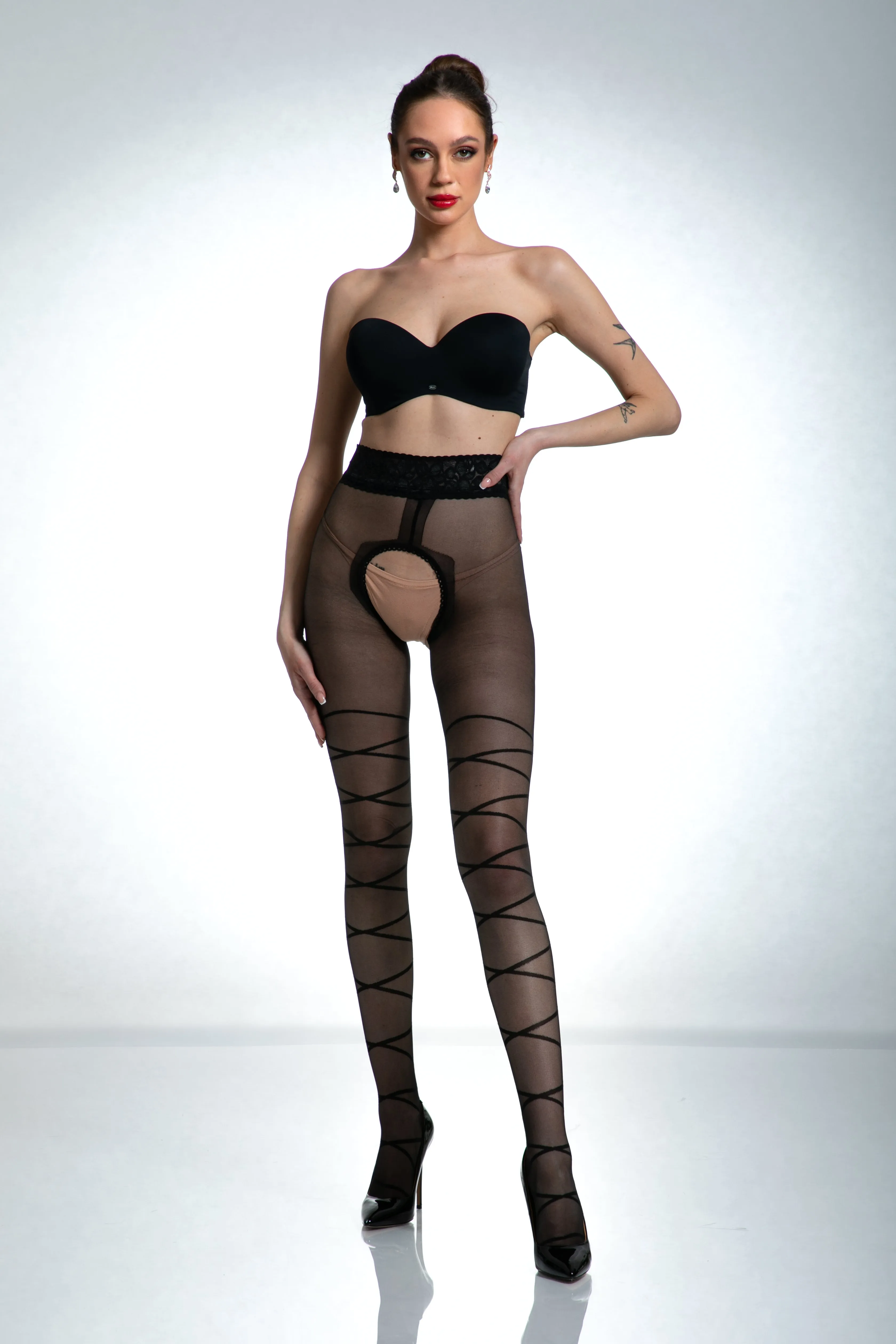 Amour Dominatrice 20 Denier Open Gusset Patterned Tights - Black