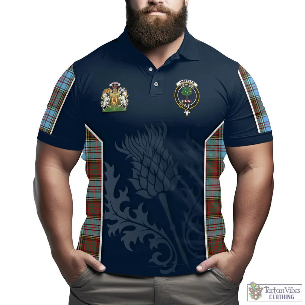 Anderson Ancient Tartan Men's Polo Shirt with Family Crest and Scottish Thistle Vibes Sport Style