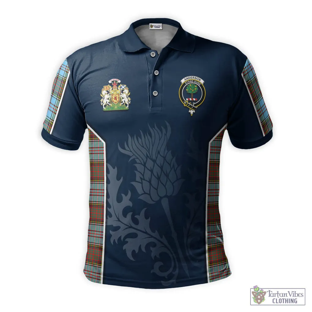 Anderson Ancient Tartan Men's Polo Shirt with Family Crest and Scottish Thistle Vibes Sport Style