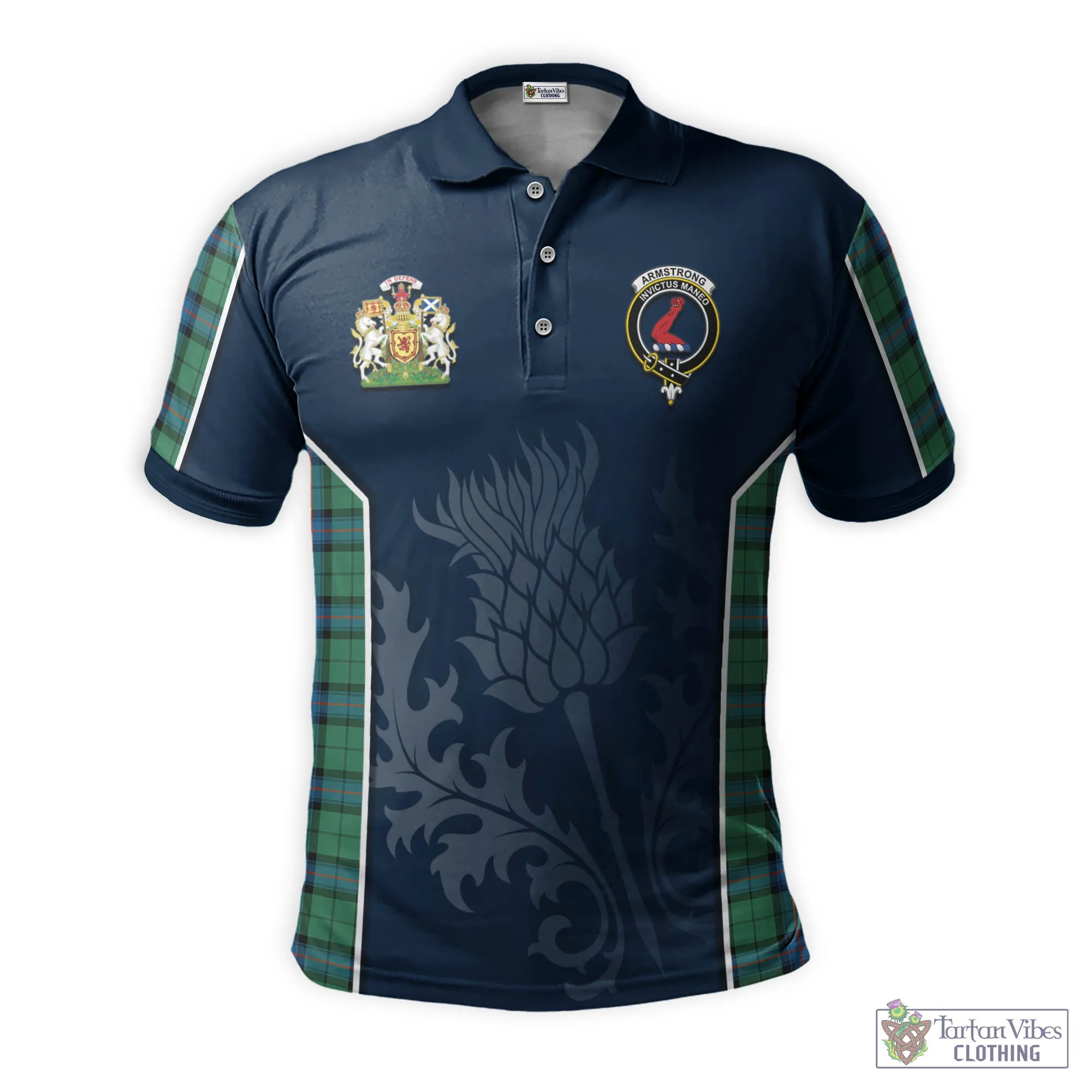 Armstrong Ancient Tartan Men's Polo Shirt with Family Crest and Scottish Thistle Vibes Sport Style