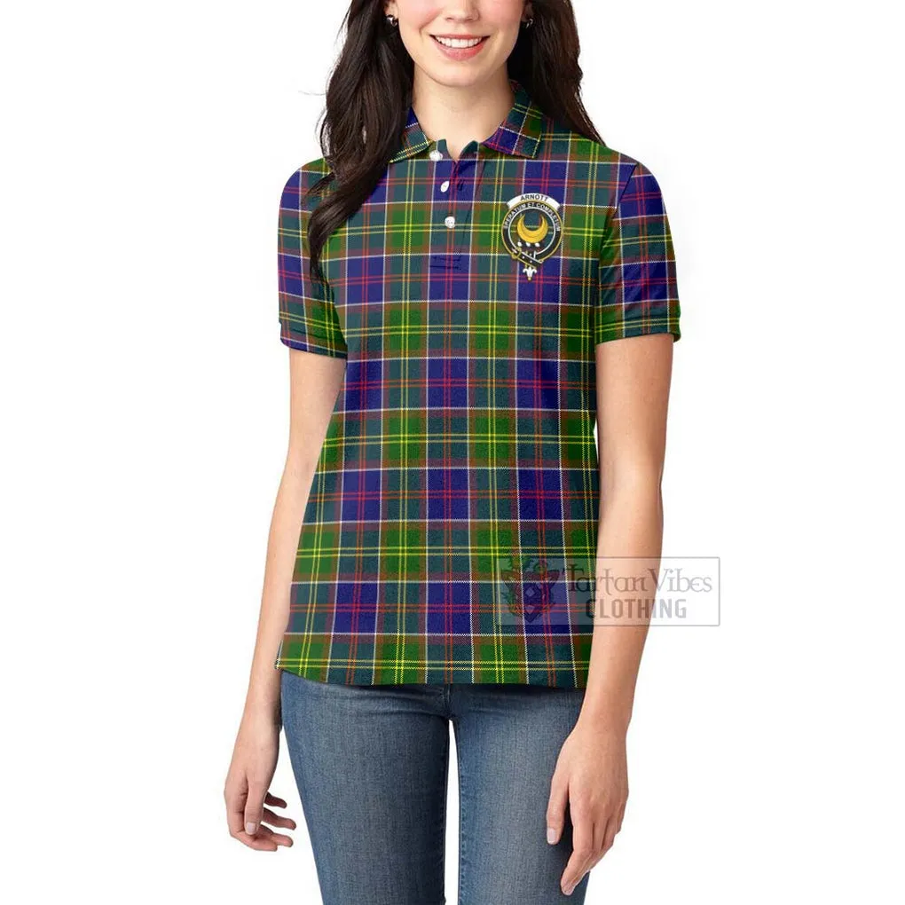 Arnott Tartan Women's Polo Shirt with Family Crest and Bearded Skull Holding Bottles of Whiskey